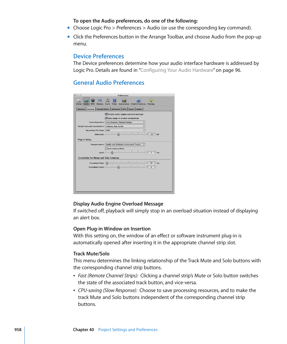 Device preferences, General audio preferences | Apple Logic Pro 8 User Manual | Page 958 / 1030