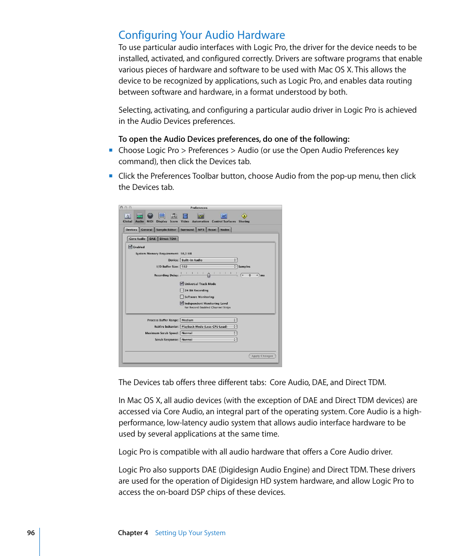 Configuring your audio hardware, Ound in | Apple Logic Pro 8 User Manual | Page 96 / 1030