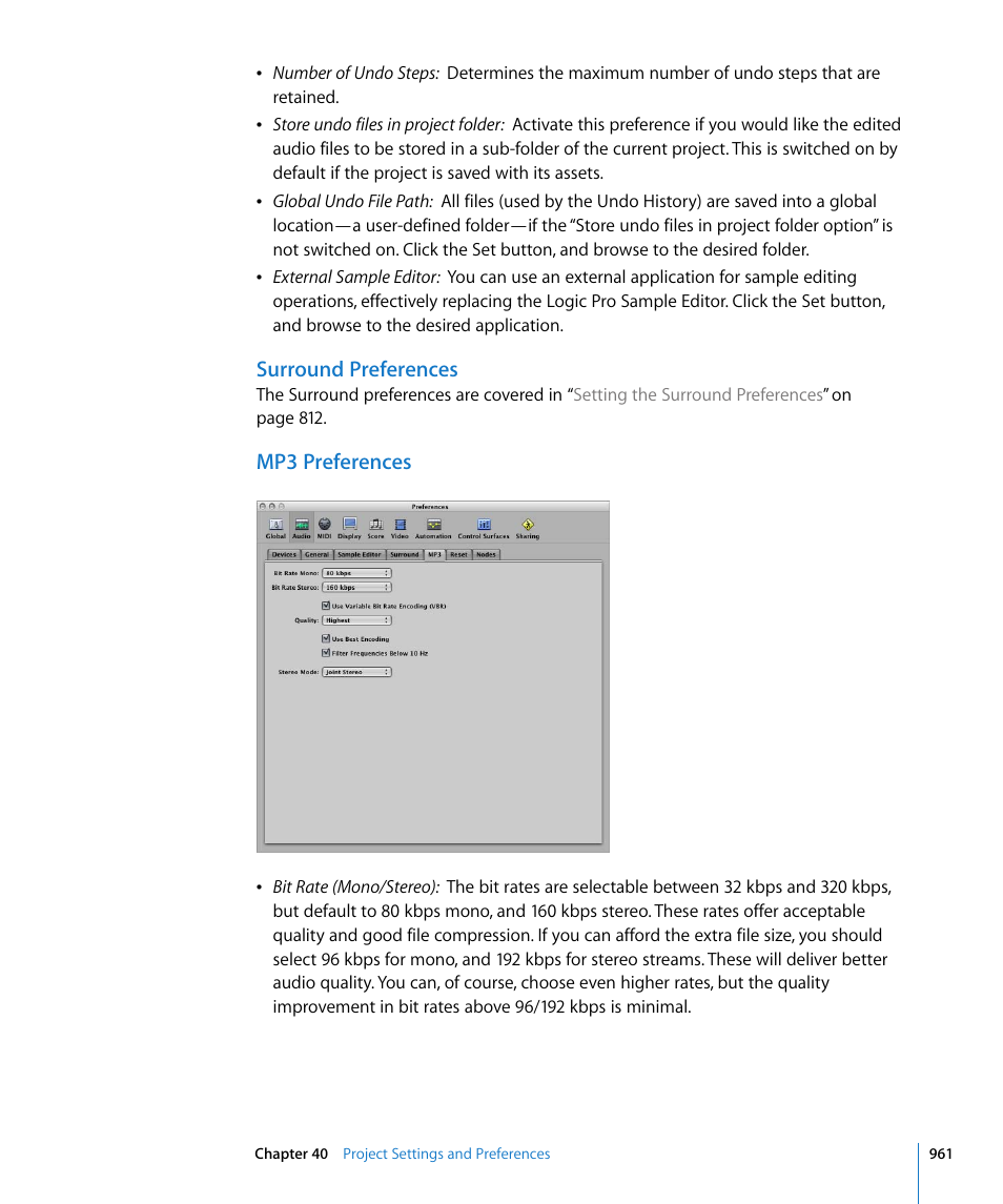Surround preferences, Mp3 preferences | Apple Logic Pro 8 User Manual | Page 961 / 1030