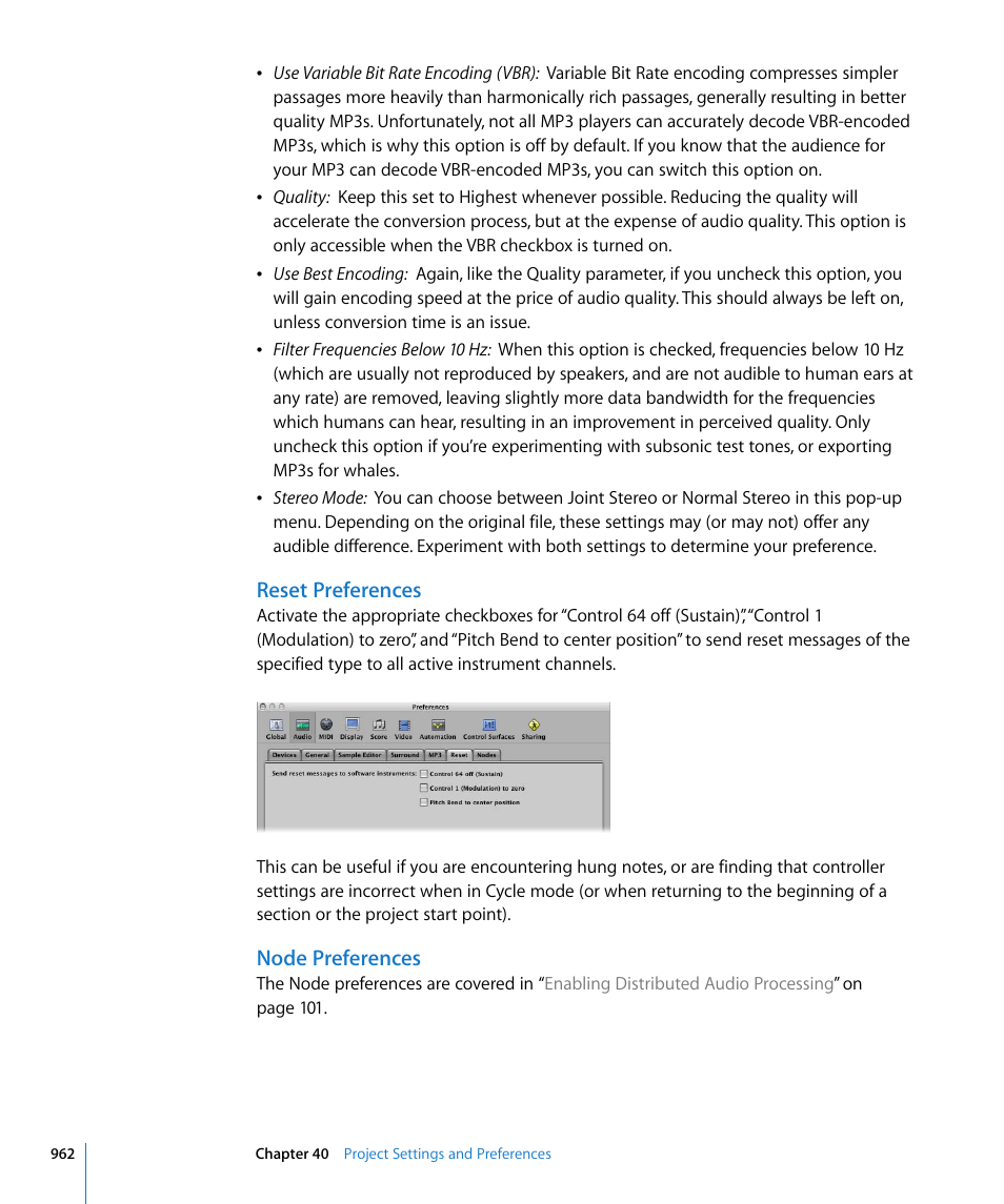 Reset preferences, Node preferences | Apple Logic Pro 8 User Manual | Page 962 / 1030