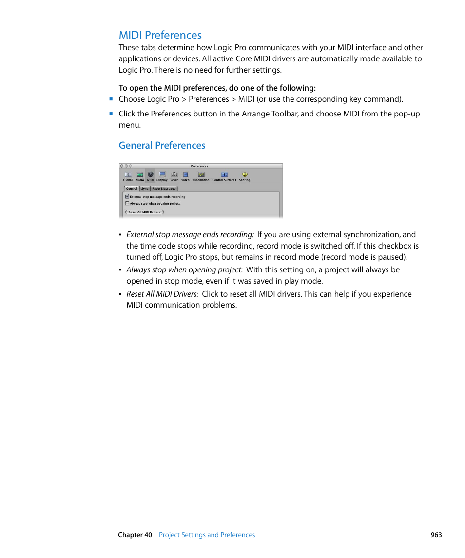 Midi preferences, General preferences | Apple Logic Pro 8 User Manual | Page 963 / 1030