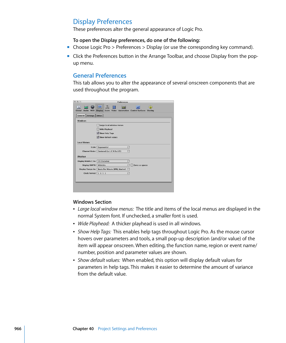 Display preferences, General preferences | Apple Logic Pro 8 User Manual | Page 966 / 1030
