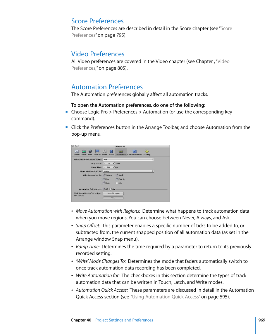 Score preferences, Video preferences, Automation preferences | Apple Logic Pro 8 User Manual | Page 969 / 1030