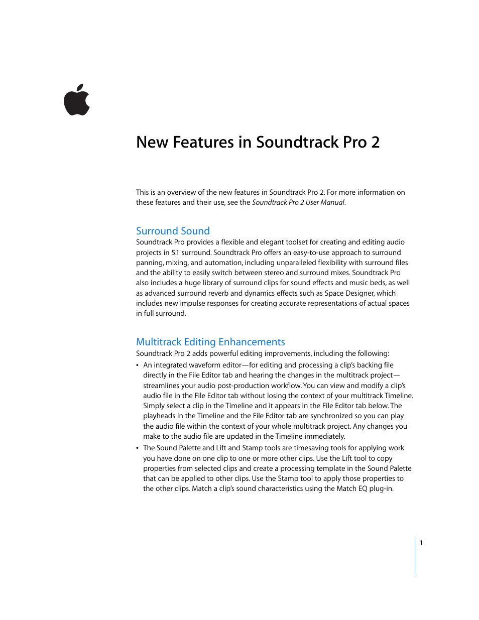 Apple Soundtrack Pro 2 New Features User Manual | 5 pages