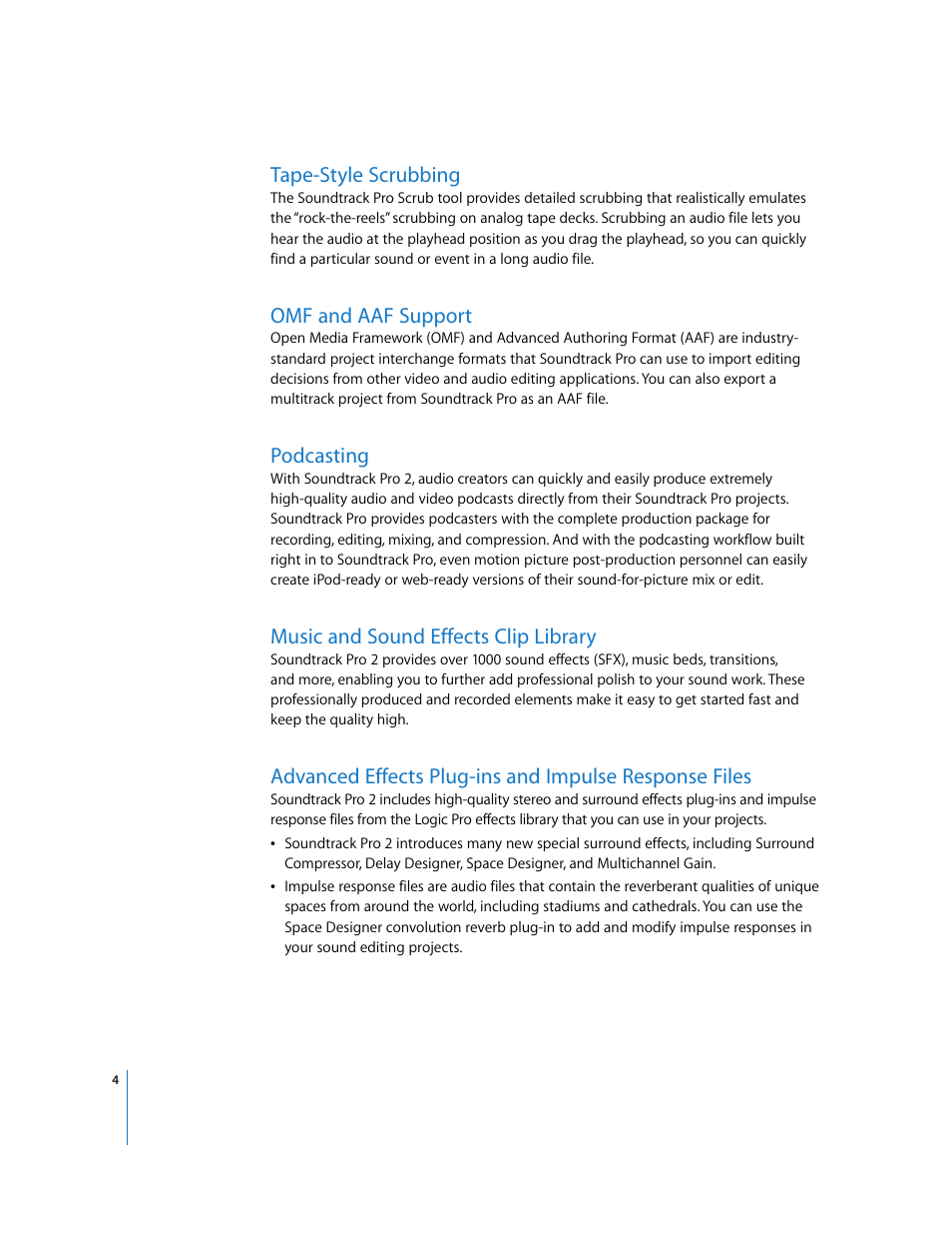 Tape-style scrubbing, Omf and aaf support, Podcasting | Music and sound effects clip library | Apple Soundtrack Pro 2 New Features User Manual | Page 4 / 5