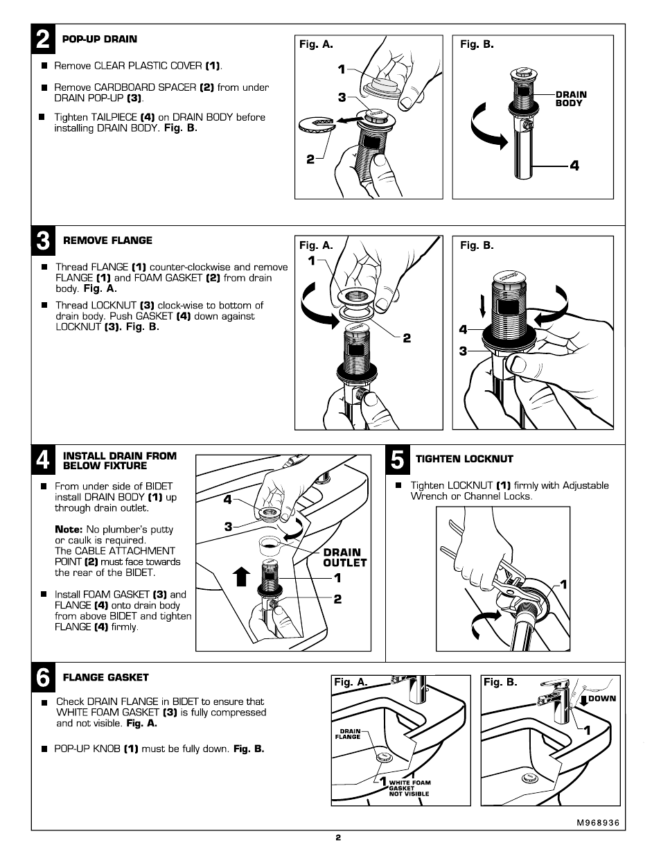 Pop-up drain, Remove flange, Tighten locknut | Flange gasket | American Standard 2506.011 User Manual | Page 2 / 7