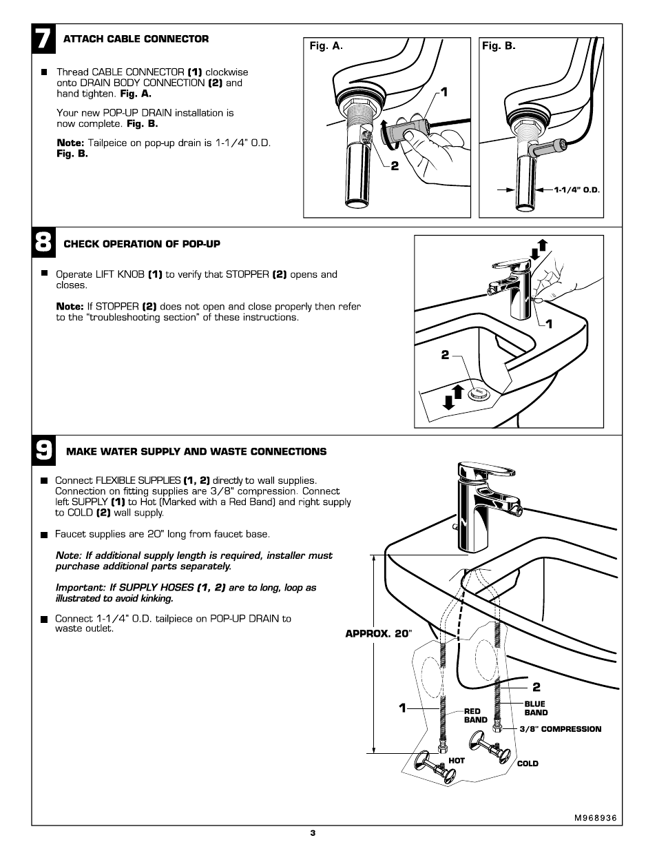 Attach cable connector, Check operation of pop-up, Make water supply ano waste connections | American Standard 2506.011 User Manual | Page 3 / 7