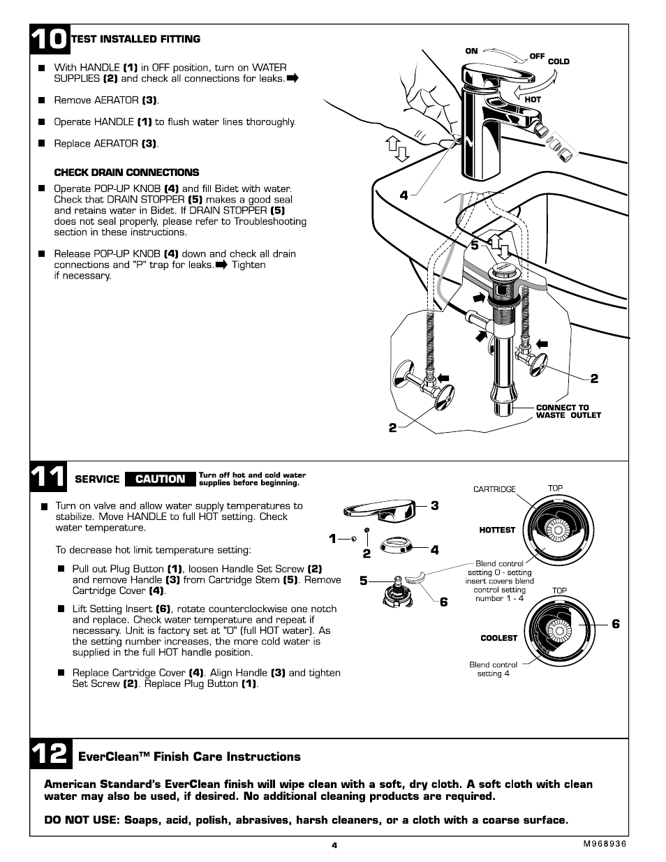 Test installed fitting, Check drain cdnnect1dns, Service | Caution, Everclean™ finish care instructions | American Standard 2506.011 User Manual | Page 4 / 7