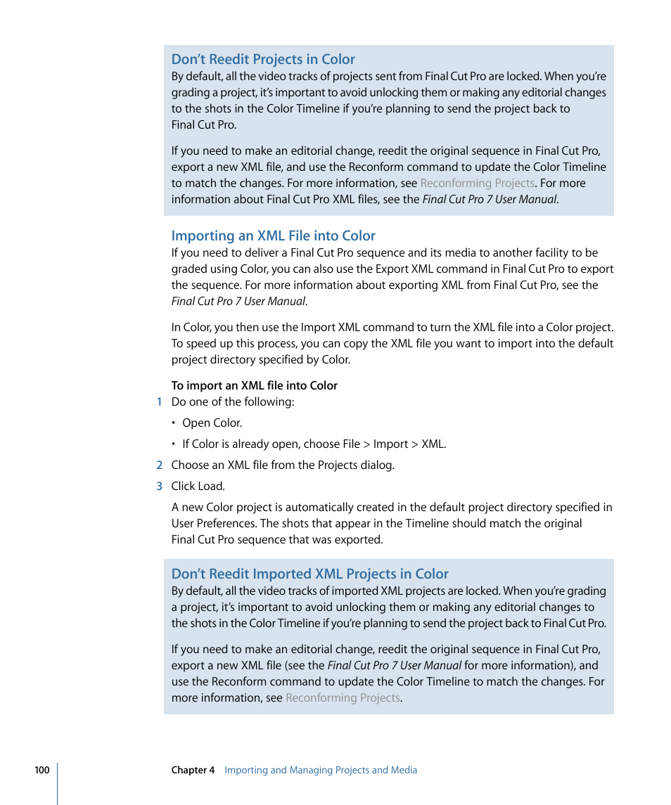 Importing an xml file into color, Don’t reedit projects in color, Don’t reedit imported xml projects in color | Apple Color 1.5 User Manual | Page 100 / 434