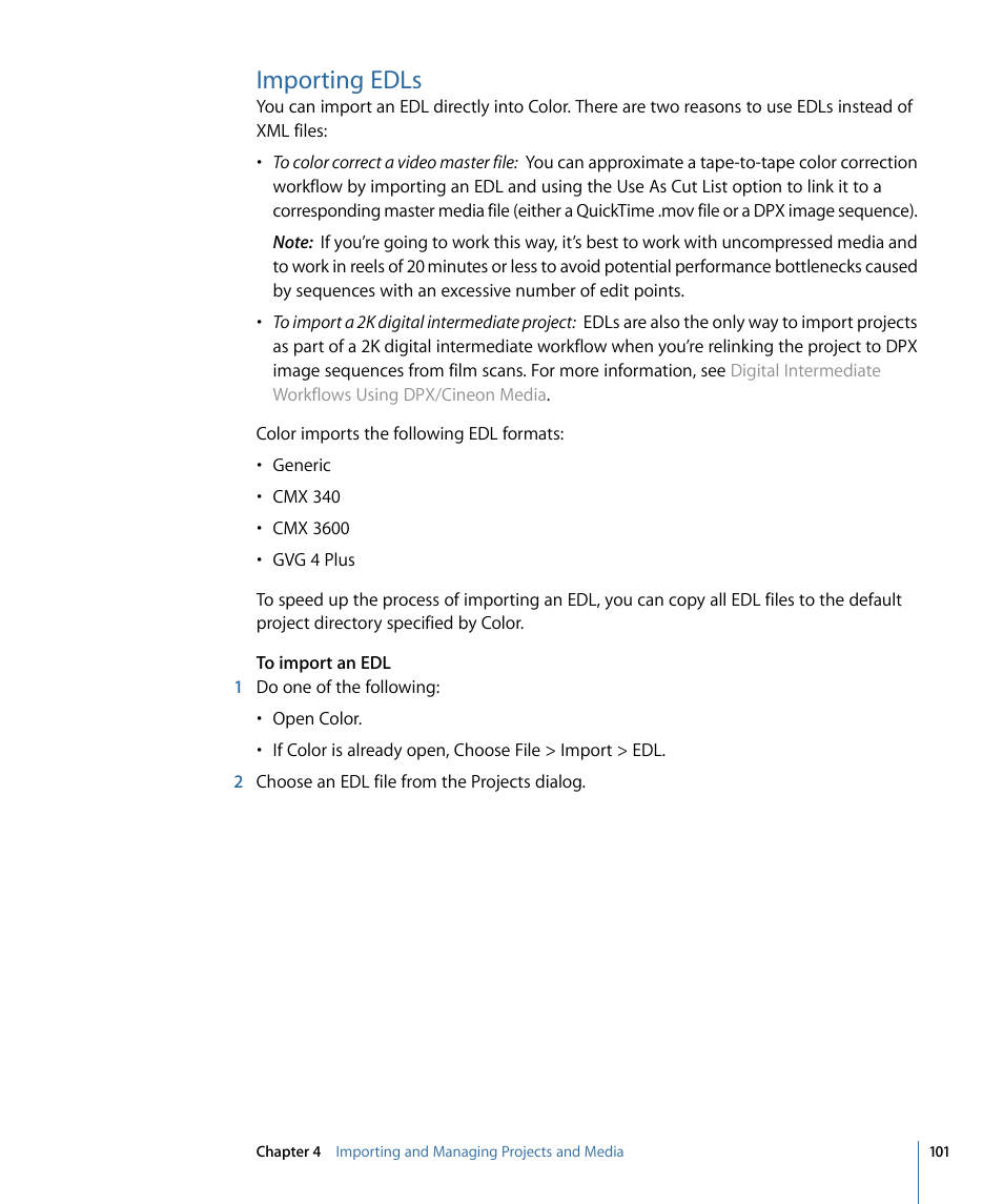 Importing edls | Apple Color 1.5 User Manual | Page 101 / 434