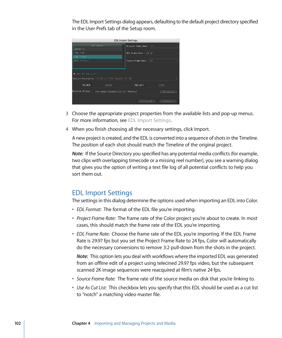 Edl import settings | Apple Color 1.5 User Manual | Page 102 / 434