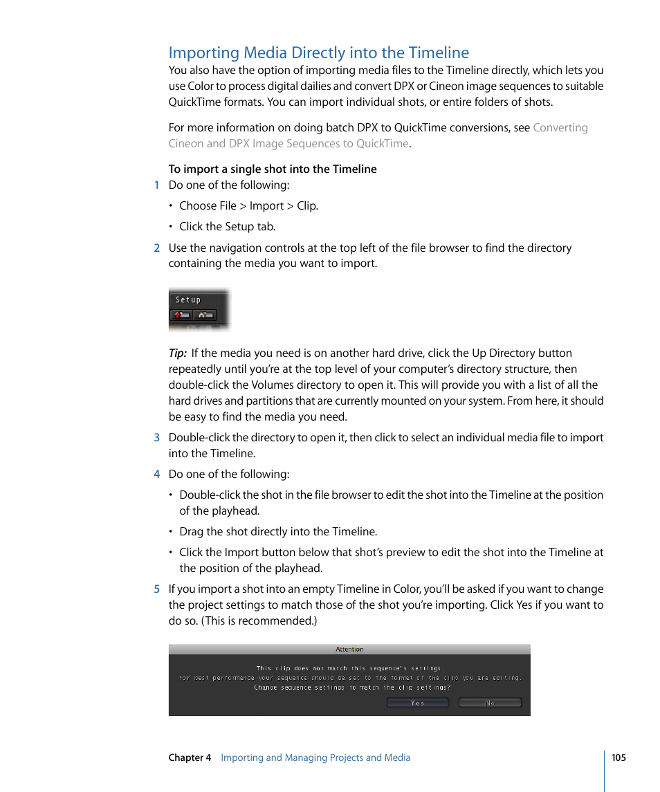 Importing media directly into the timeline | Apple Color 1.5 User Manual | Page 105 / 434