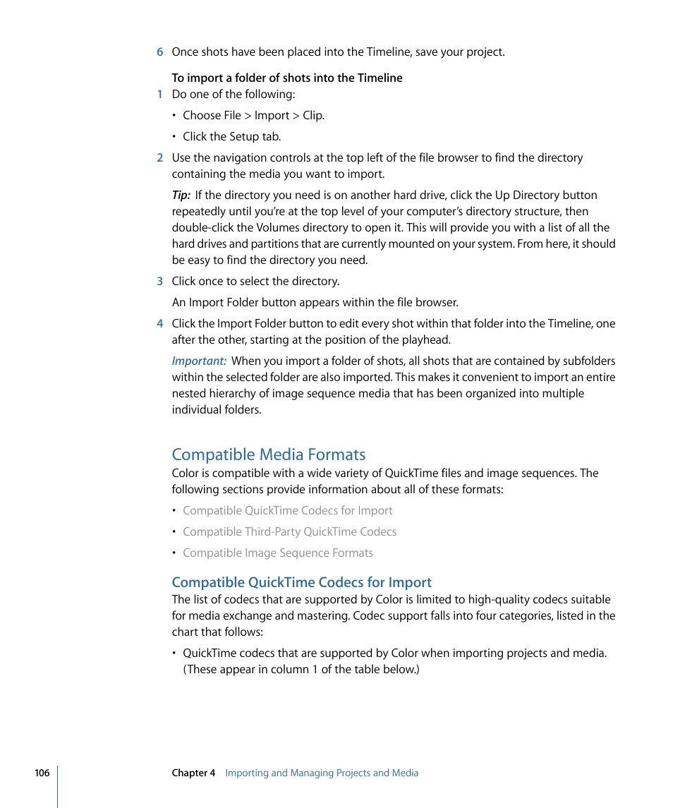 Compatible media formats, Compatible quicktime codecs for import | Apple Color 1.5 User Manual | Page 106 / 434