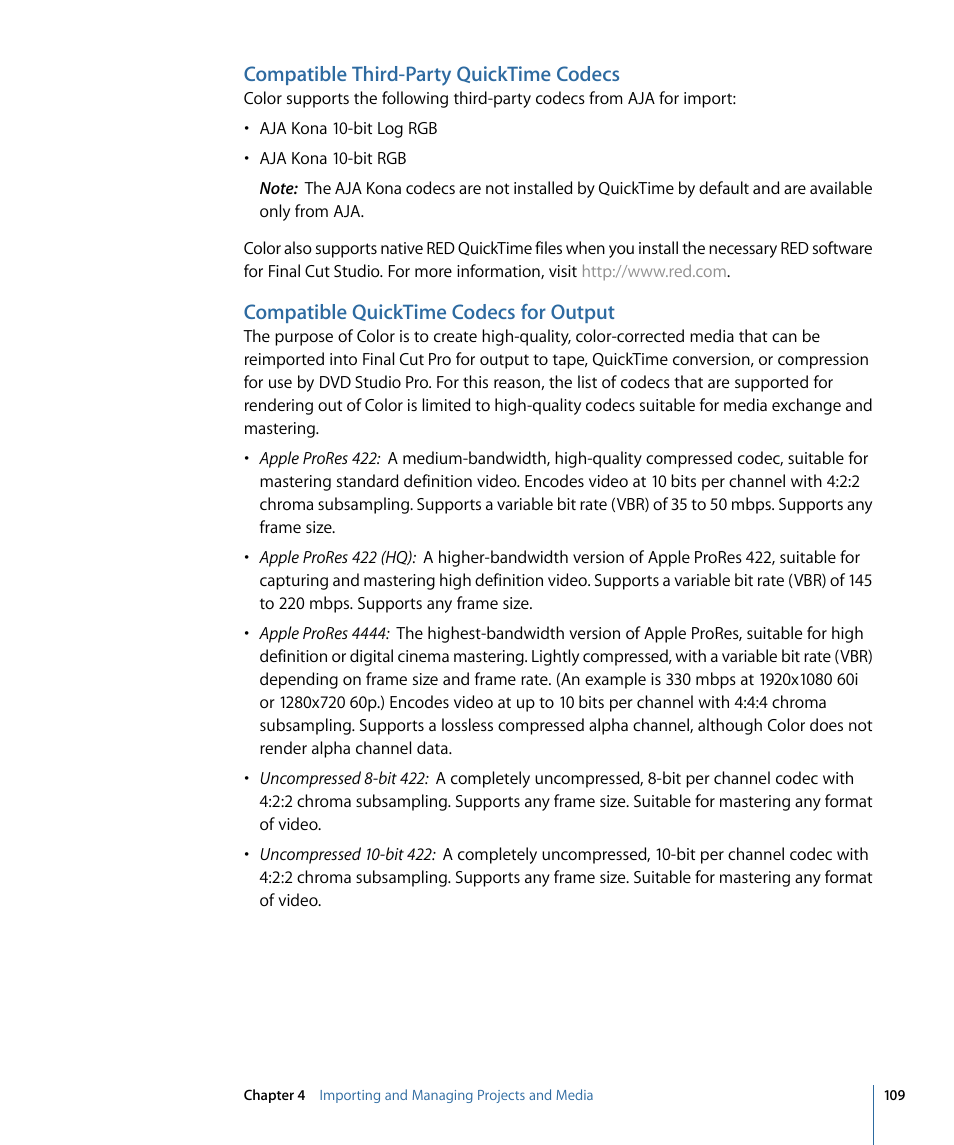 Compatible third-party quicktime codecs, Compatible quicktime codecs for output, Compatible | Quicktime codecs for output | Apple Color 1.5 User Manual | Page 109 / 434