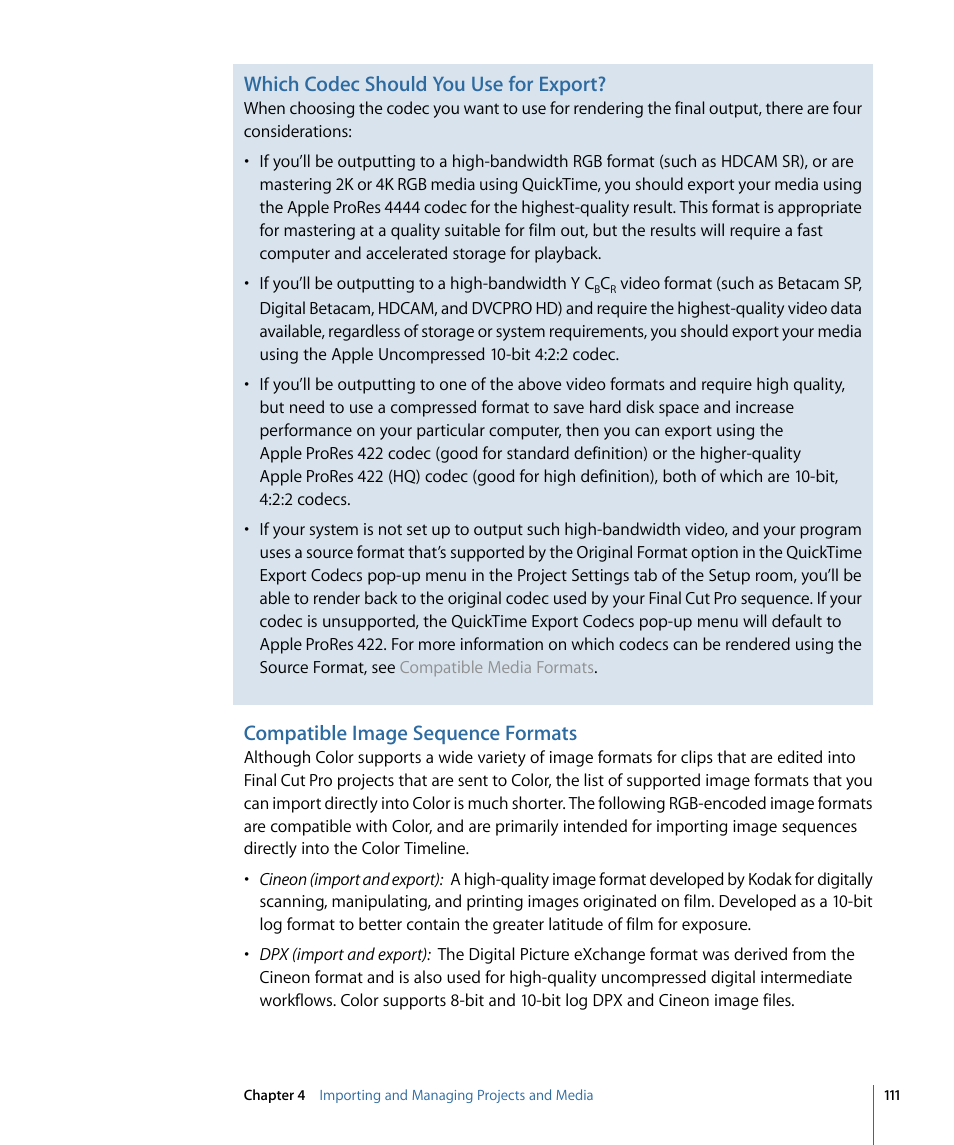 Compatible image sequence formats, Which codec should you use for export | Apple Color 1.5 User Manual | Page 111 / 434