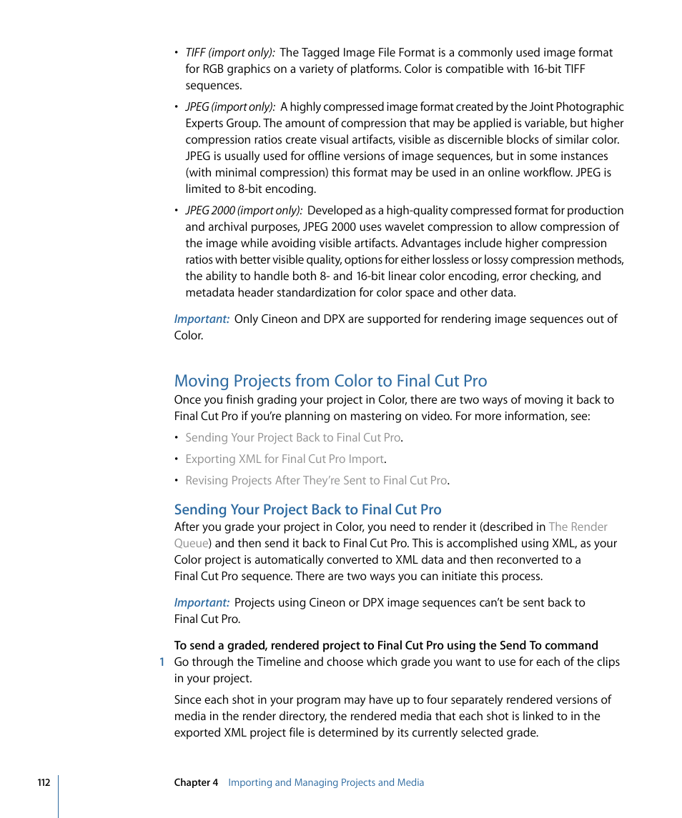 Moving projects from color to final cut pro, Sending your project back to final cut pro, Sending | Your project back to final cut pro | Apple Color 1.5 User Manual | Page 112 / 434