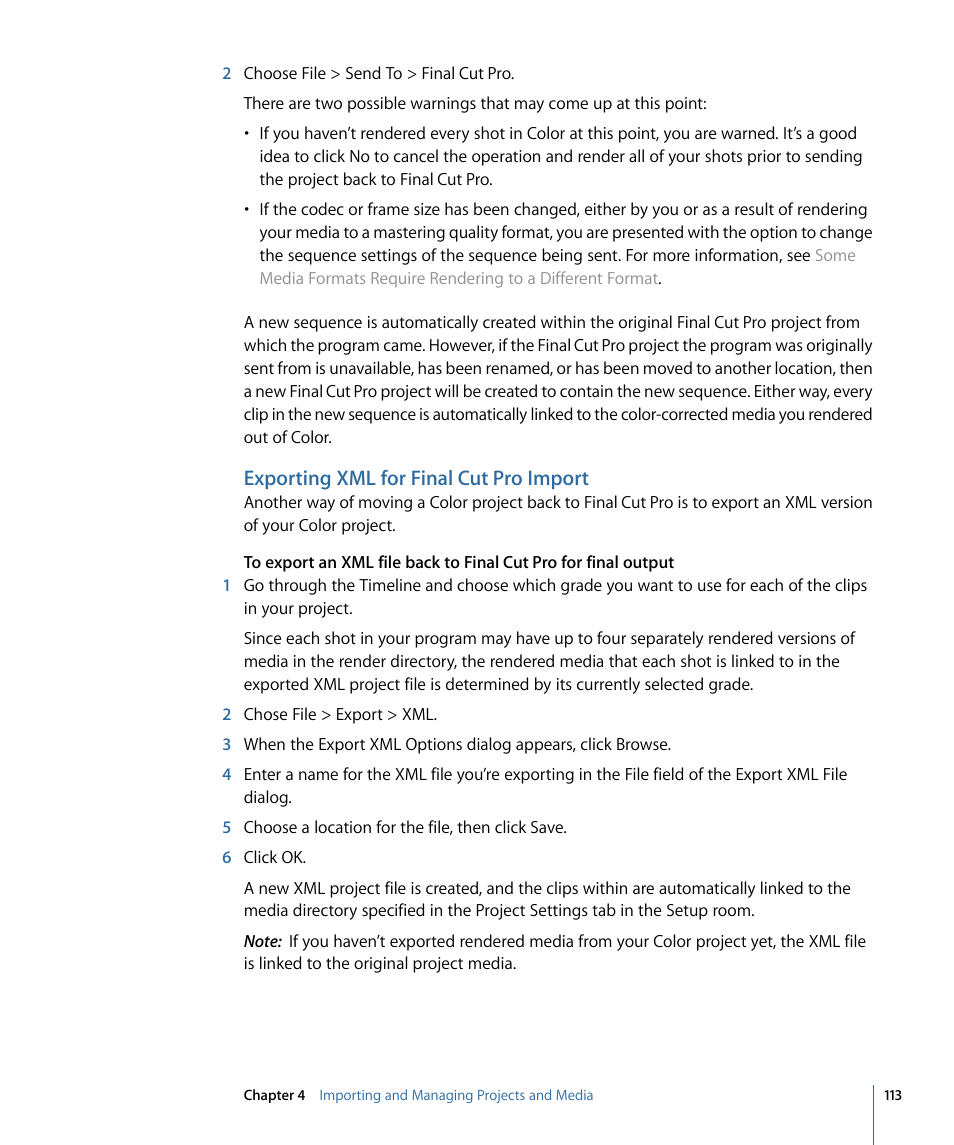 Exporting xml for final cut pro import | Apple Color 1.5 User Manual | Page 113 / 434