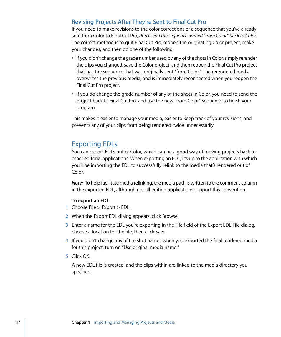 Exporting edls | Apple Color 1.5 User Manual | Page 114 / 434