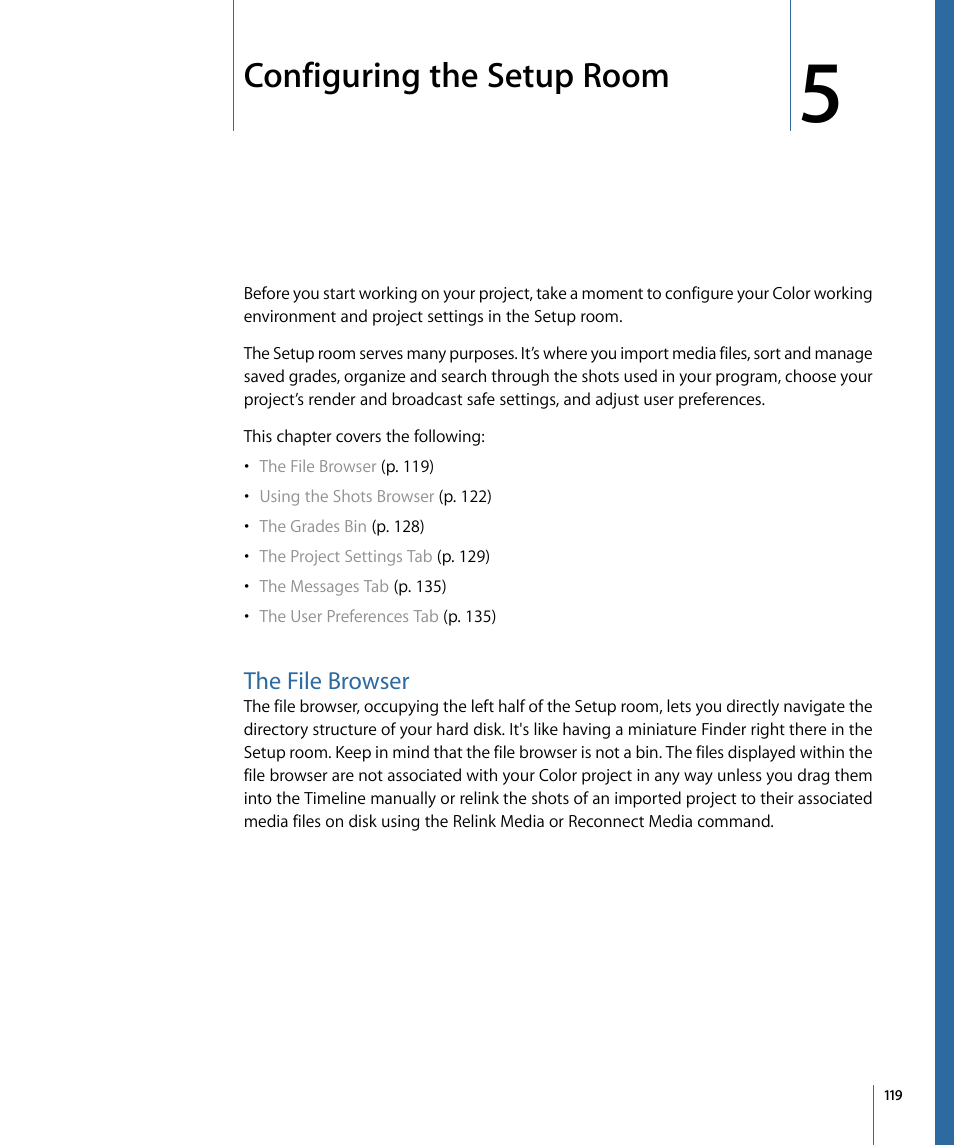 Configuring the setup room, The file browser | Apple Color 1.5 User Manual | Page 119 / 434