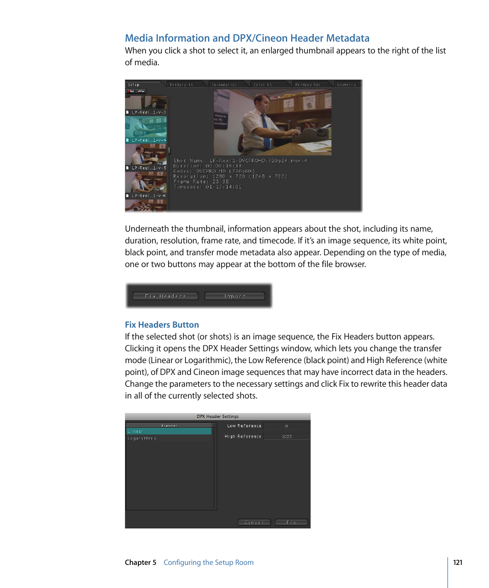 Media information and dpx/cineon header metadata, Fix headers button | Apple Color 1.5 User Manual | Page 121 / 434