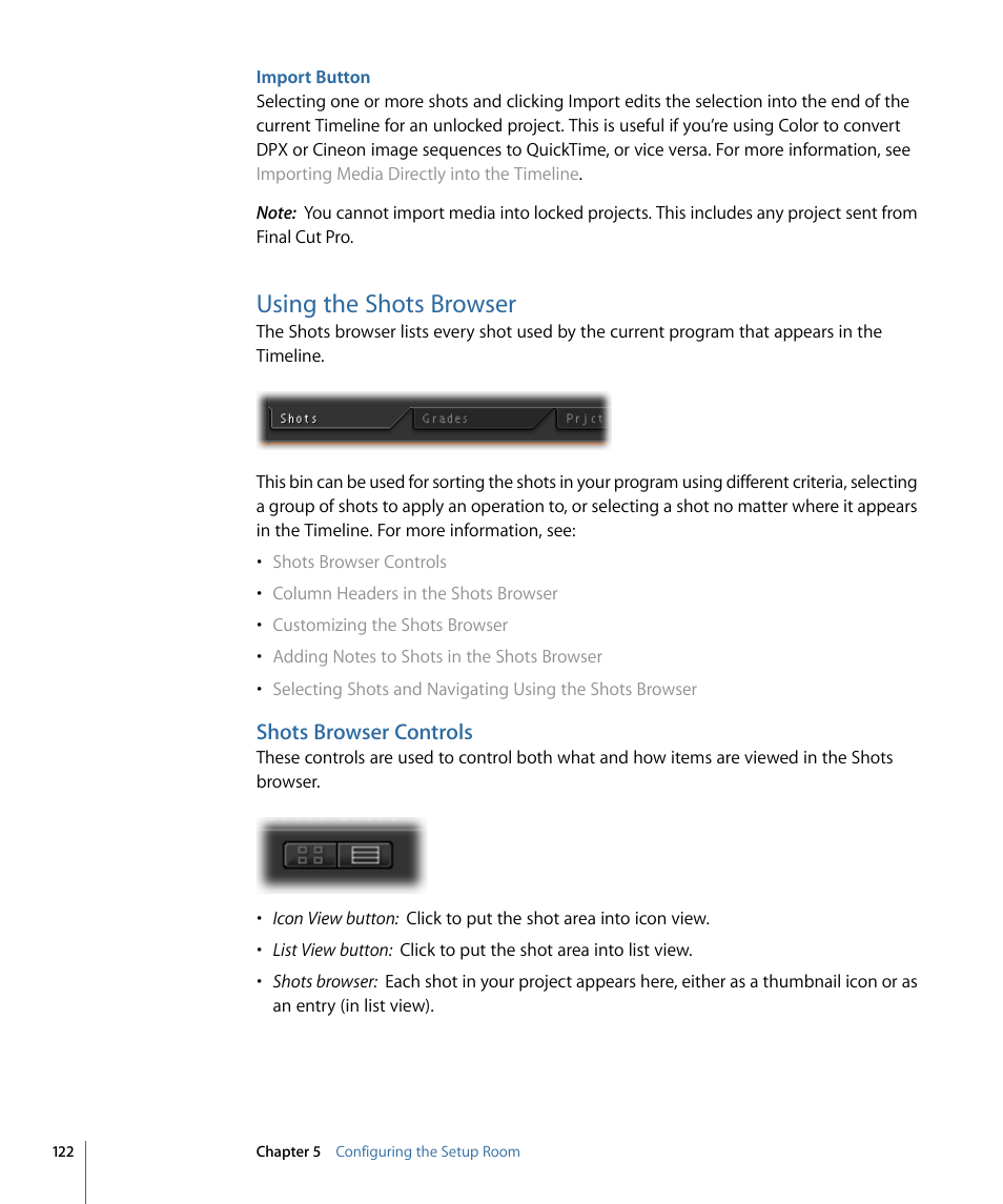 Import button, Using the shots browser, Shots browser controls | Apple Color 1.5 User Manual | Page 122 / 434