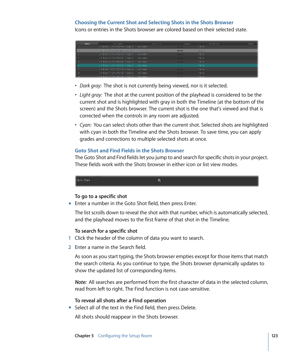 Goto shot and find fields in the shots browser | Apple Color 1.5 User Manual | Page 123 / 434
