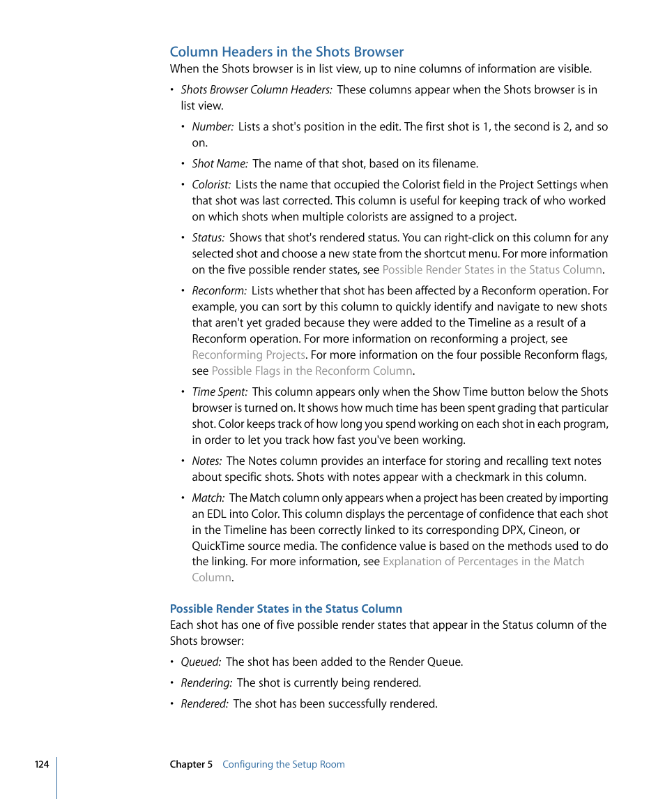 Column headers in the shots browser, Possible render states in the status column | Apple Color 1.5 User Manual | Page 124 / 434