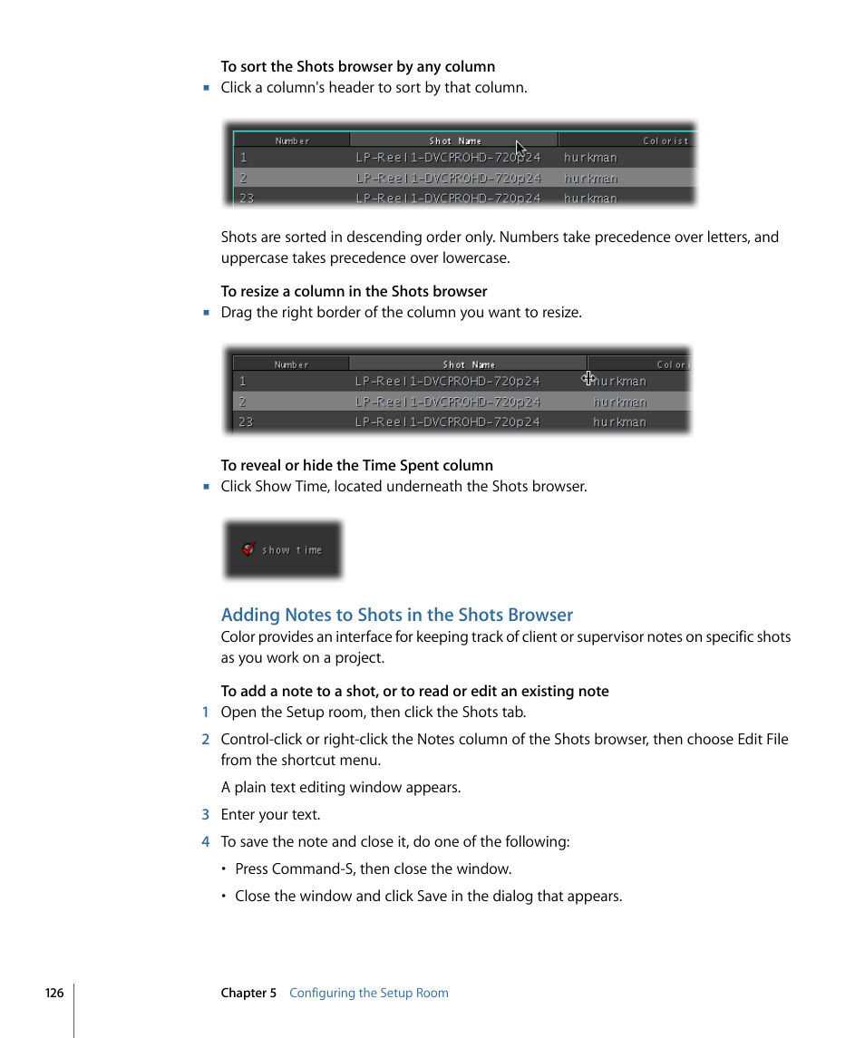 Adding notes to shots in the shots browser | Apple Color 1.5 User Manual | Page 126 / 434