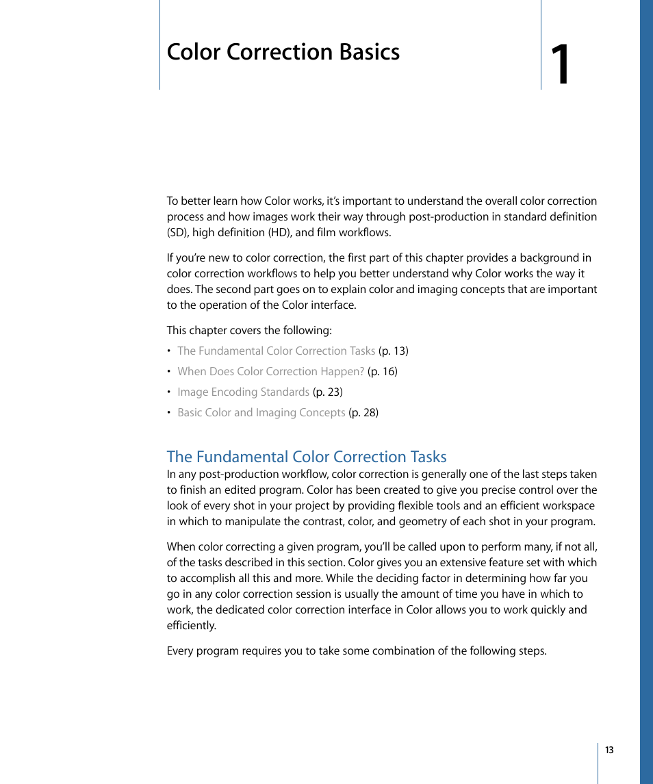 Color correction basics, The fundamental color correction tasks | Apple Color 1.5 User Manual | Page 13 / 434