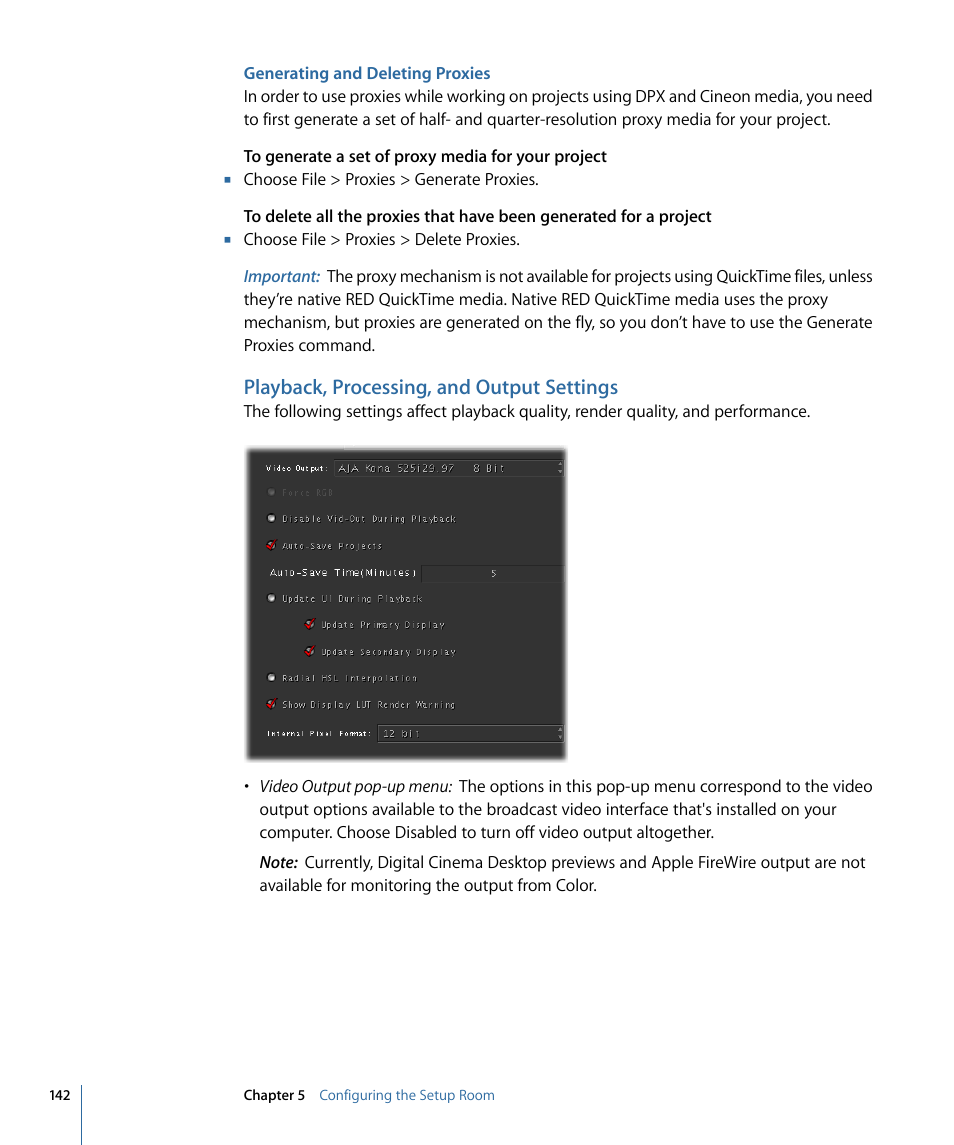 Generating and deleting proxies, Playback, processing, and output settings | Apple Color 1.5 User Manual | Page 142 / 434
