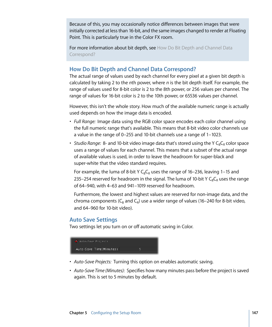 How do bit depth and channel data correspond, Auto save settings | Apple Color 1.5 User Manual | Page 147 / 434