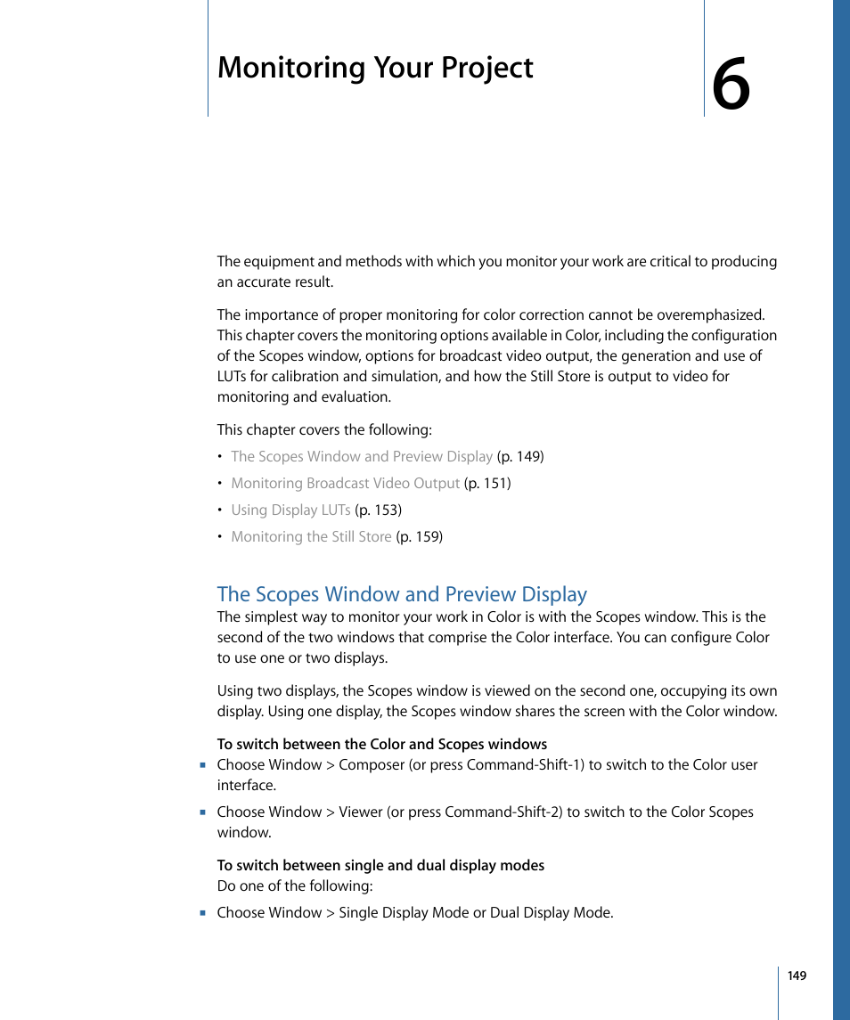 Monitoring your project, The scopes window and preview display | Apple Color 1.5 User Manual | Page 149 / 434