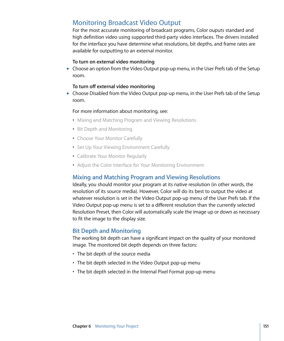 Monitoring broadcast video output, Bit depth and monitoring | Apple Color 1.5 User Manual | Page 151 / 434