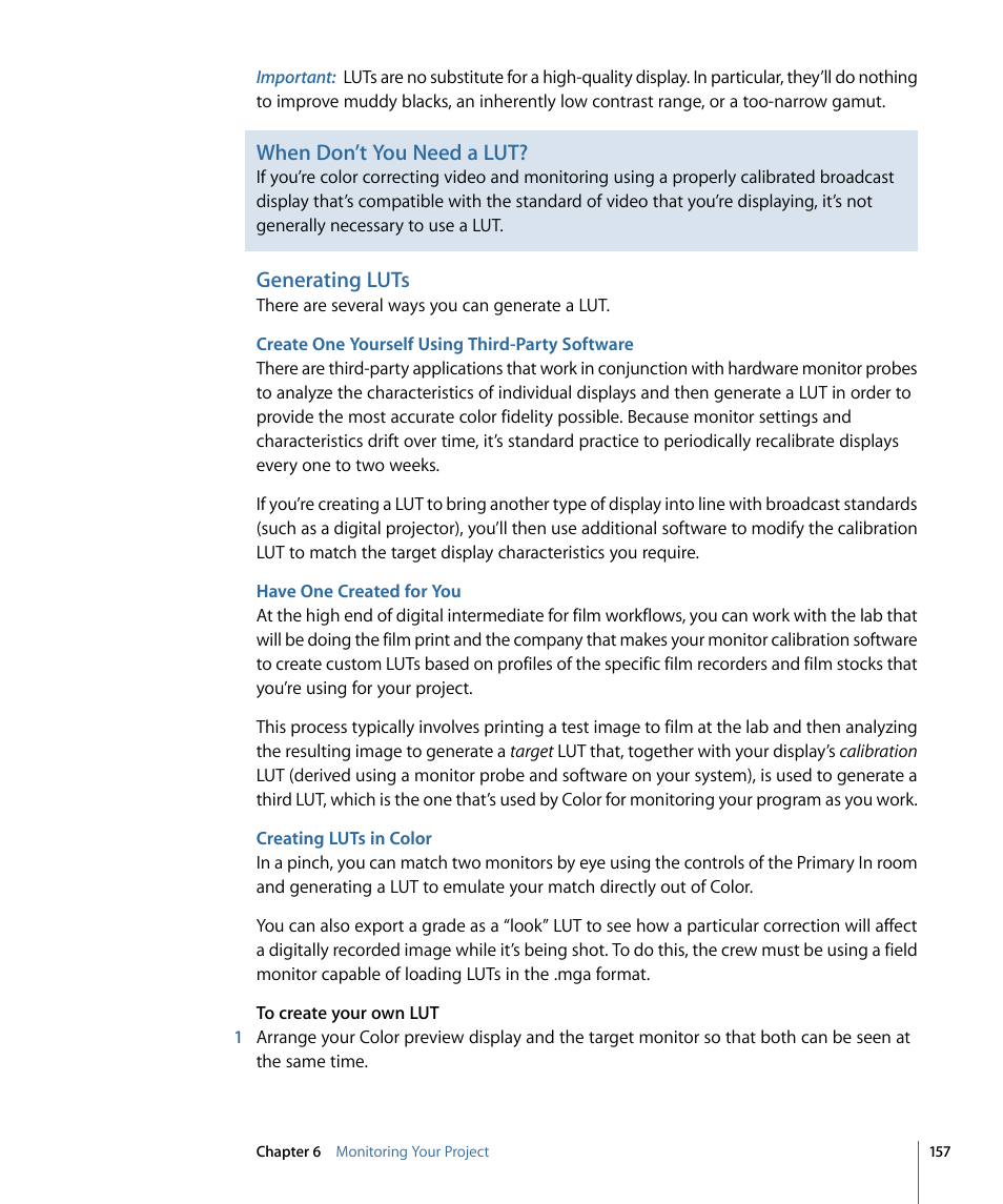Generating luts, Create one yourself using third-party software, Have one created for you | Creating luts in color, When don’t you need a lut | Apple Color 1.5 User Manual | Page 157 / 434