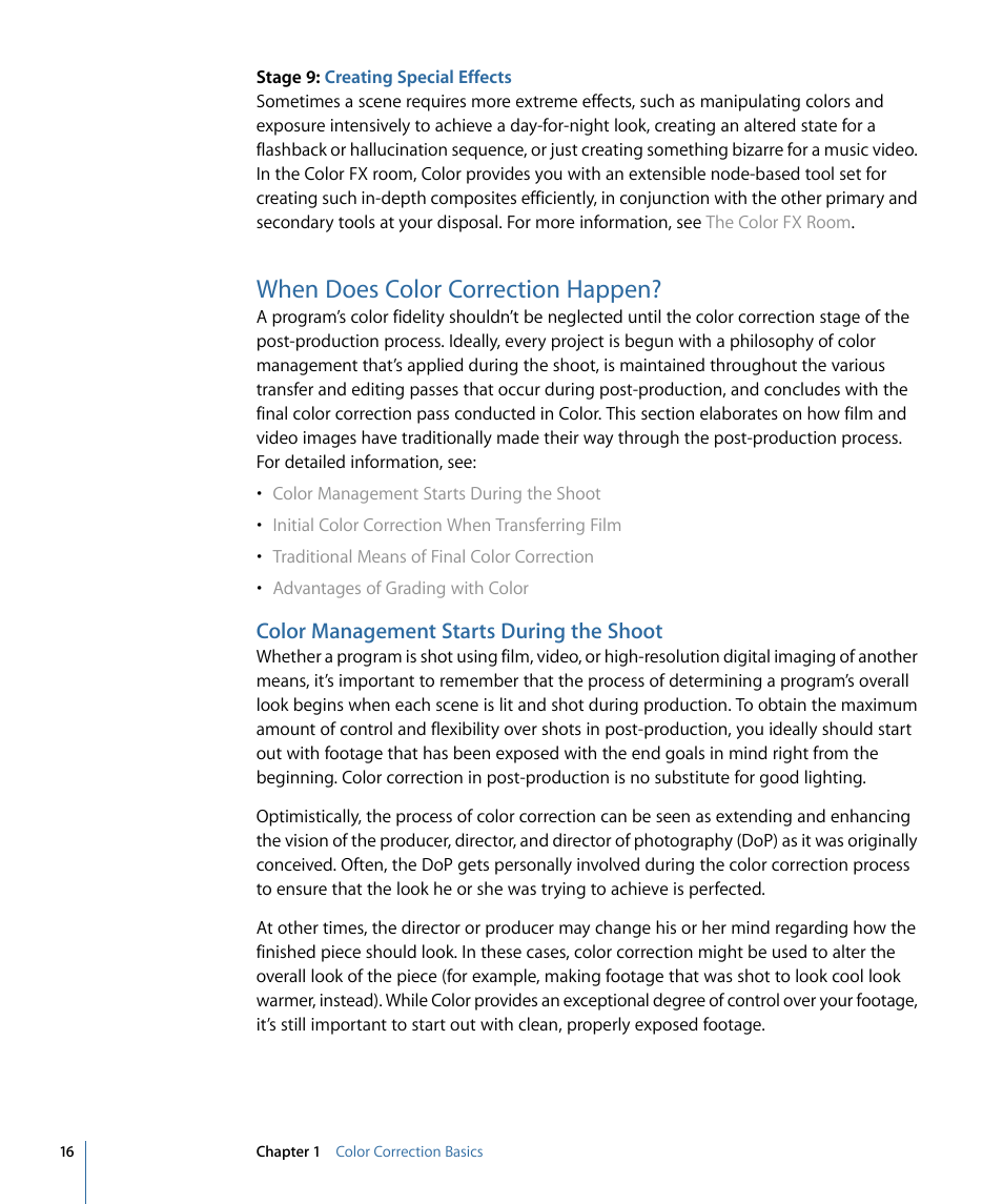 When does color correction happen, Color management starts during the shoot | Apple Color 1.5 User Manual | Page 16 / 434