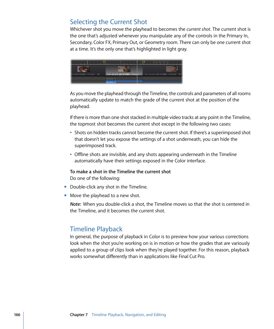 Selecting the current shot, Timeline playback | Apple Color 1.5 User Manual | Page 166 / 434