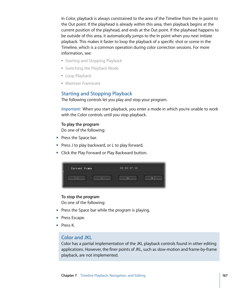 Starting and stopping playback | Apple Color 1.5 User Manual | Page 167 / 434