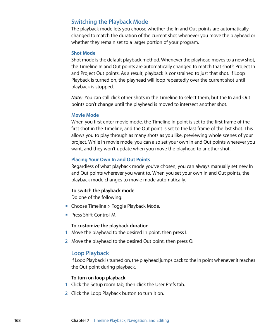 Switching the playback mode, Shot mode, Movie mode | Placing your own in and out points, Loop playback | Apple Color 1.5 User Manual | Page 168 / 434