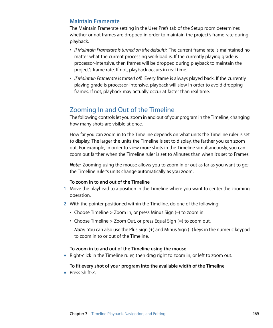 Maintain framerate, Zooming in and out of the timeline | Apple Color 1.5 User Manual | Page 169 / 434