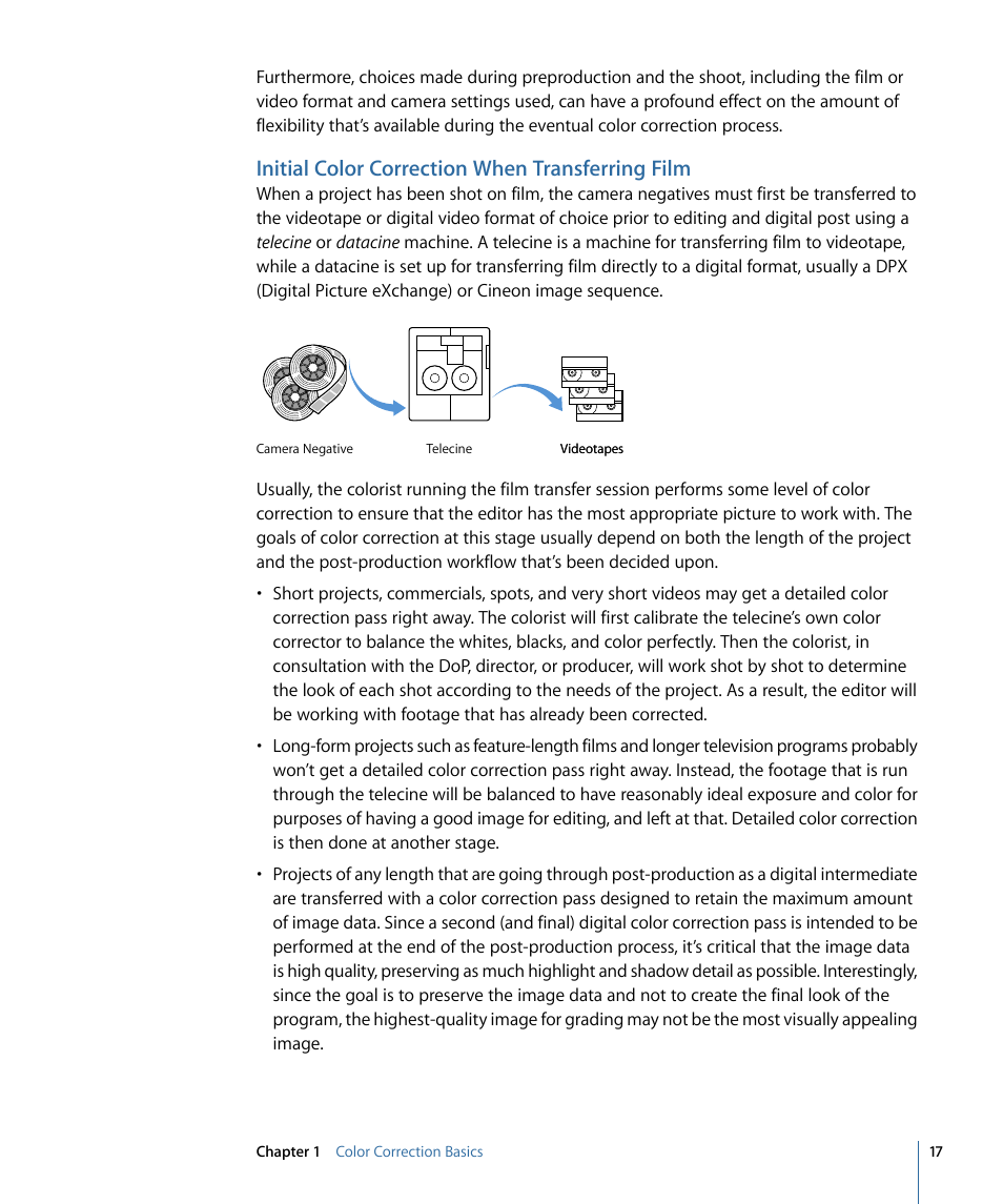 Initial color correction when transferring film | Apple Color 1.5 User Manual | Page 17 / 434