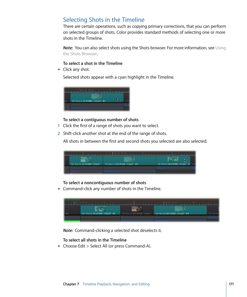 Selecting shots in the timeline | Apple Color 1.5 User Manual | Page 171 / 434