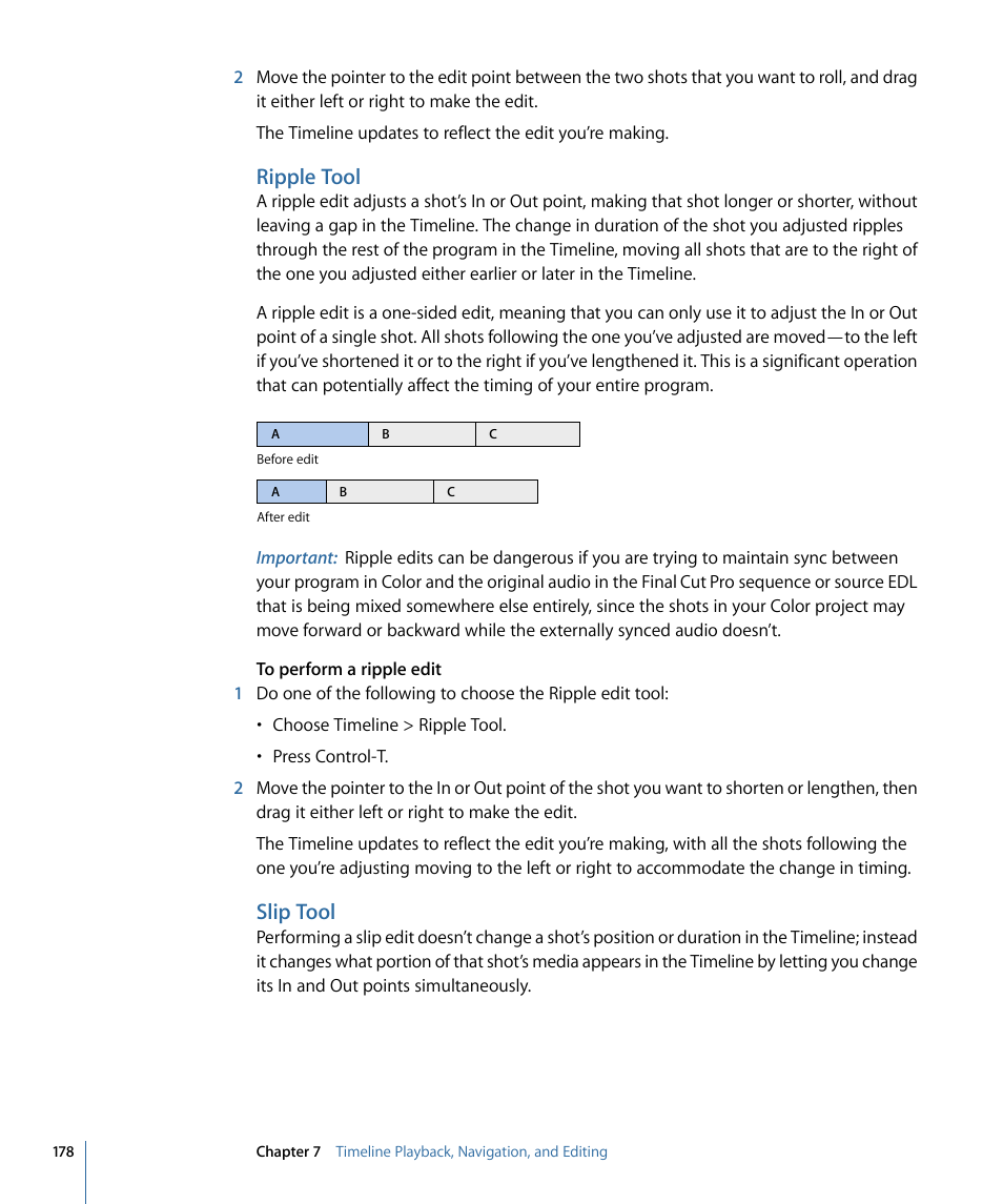 Ripple tool, Slip tool | Apple Color 1.5 User Manual | Page 178 / 434