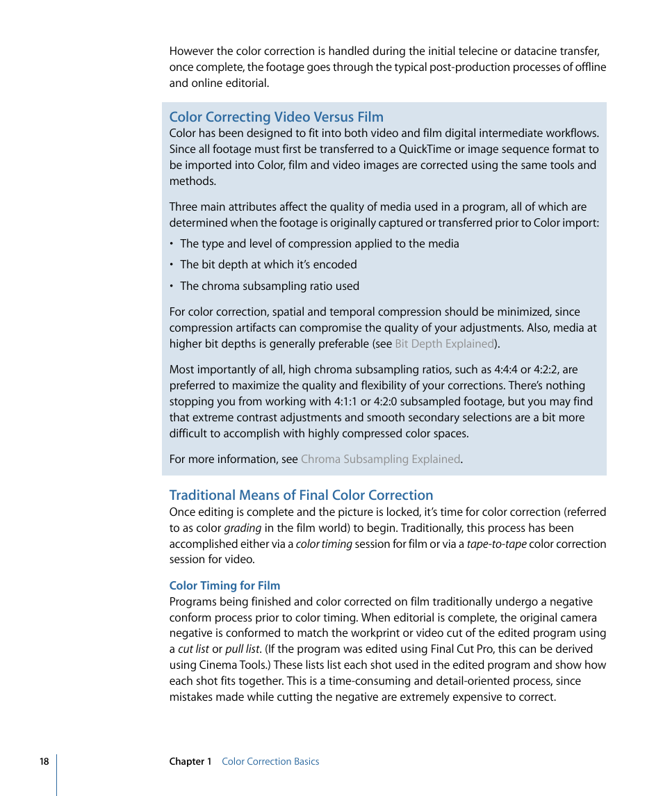 Traditional means of final color correction, Color timing for film, Color correcting video versus film | Apple Color 1.5 User Manual | Page 18 / 434