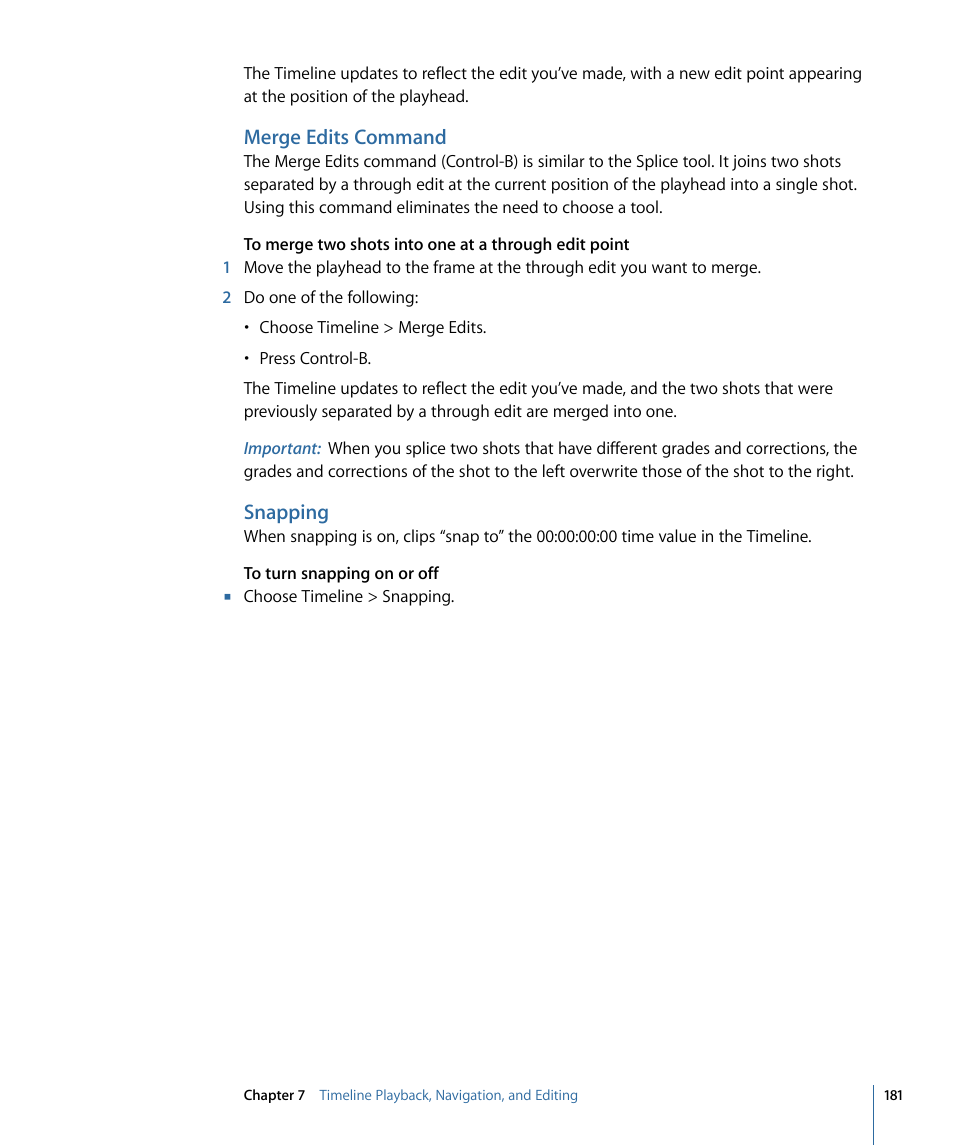 Merge edits command, Snapping | Apple Color 1.5 User Manual | Page 181 / 434