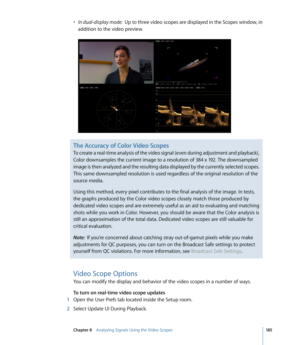 Video scope options, The accuracy of color video scopes | Apple Color 1.5 User Manual | Page 185 / 434