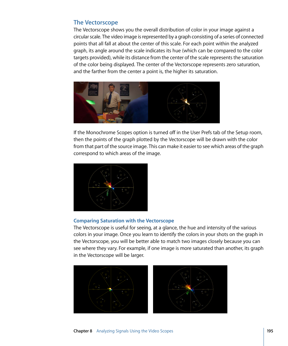 The vectorscope, Comparing saturation with the vectorscope | Apple Color 1.5 User Manual | Page 195 / 434