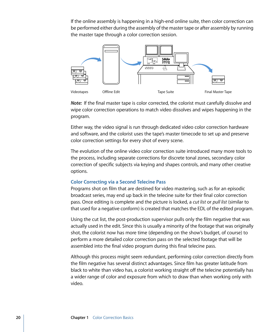 Color correcting via a second telecine pass | Apple Color 1.5 User Manual | Page 20 / 434