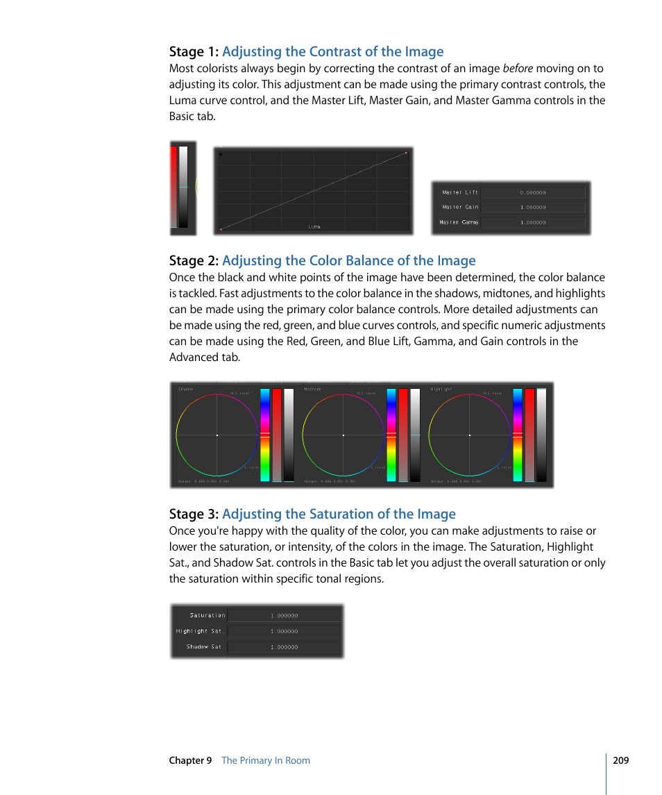Stage 1: adjusting the contrast of the image, Stage 2: adjusting the color balance of the image, Stage 3: adjusting the saturation of the image | Apple Color 1.5 User Manual | Page 209 / 434