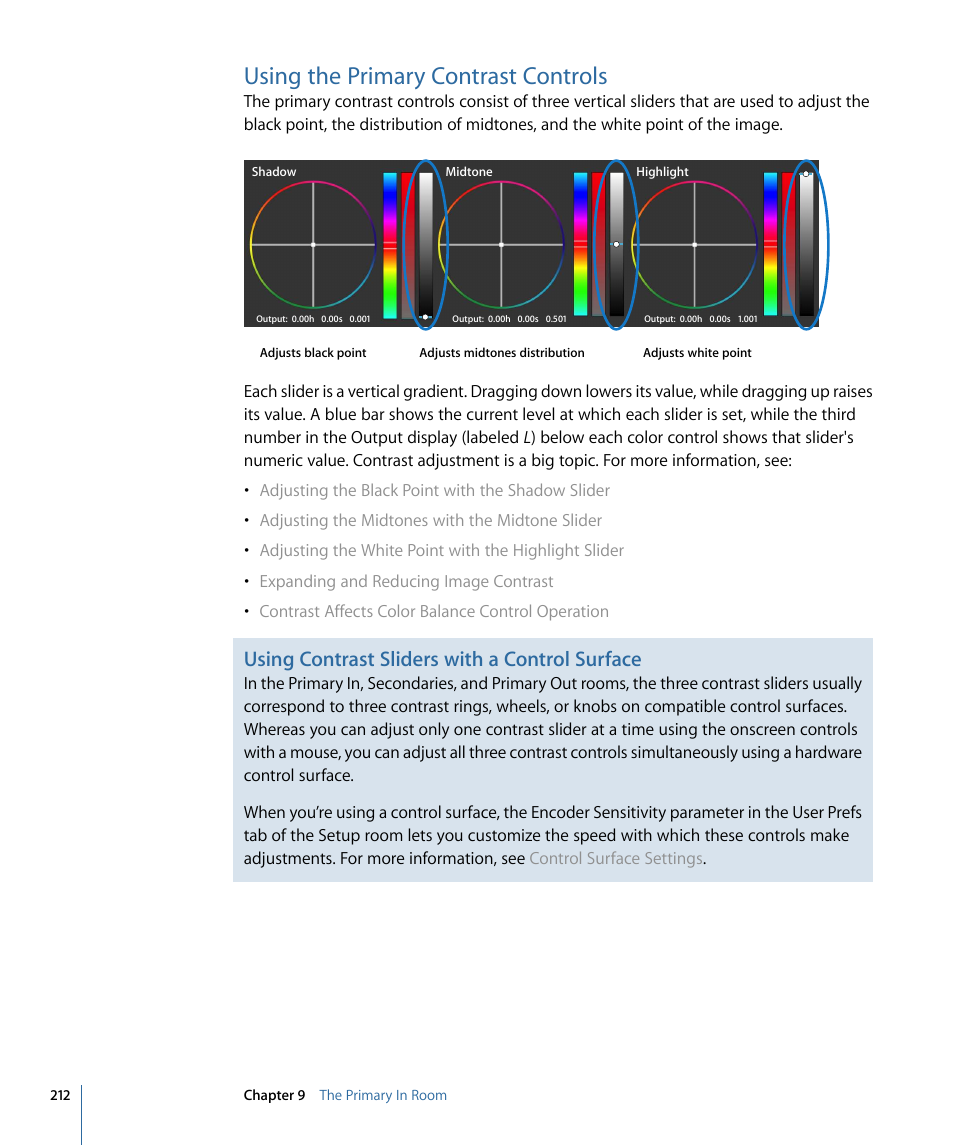 Using the primary contrast controls, Using contrast sliders with a control surface | Apple Color 1.5 User Manual | Page 212 / 434