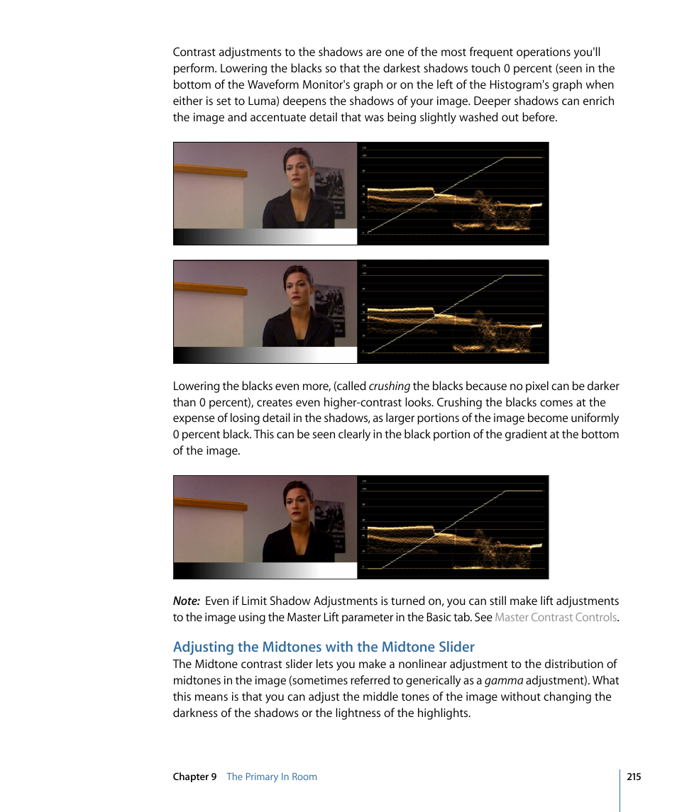 Adjusting the midtones with the midtone slider | Apple Color 1.5 User Manual | Page 215 / 434